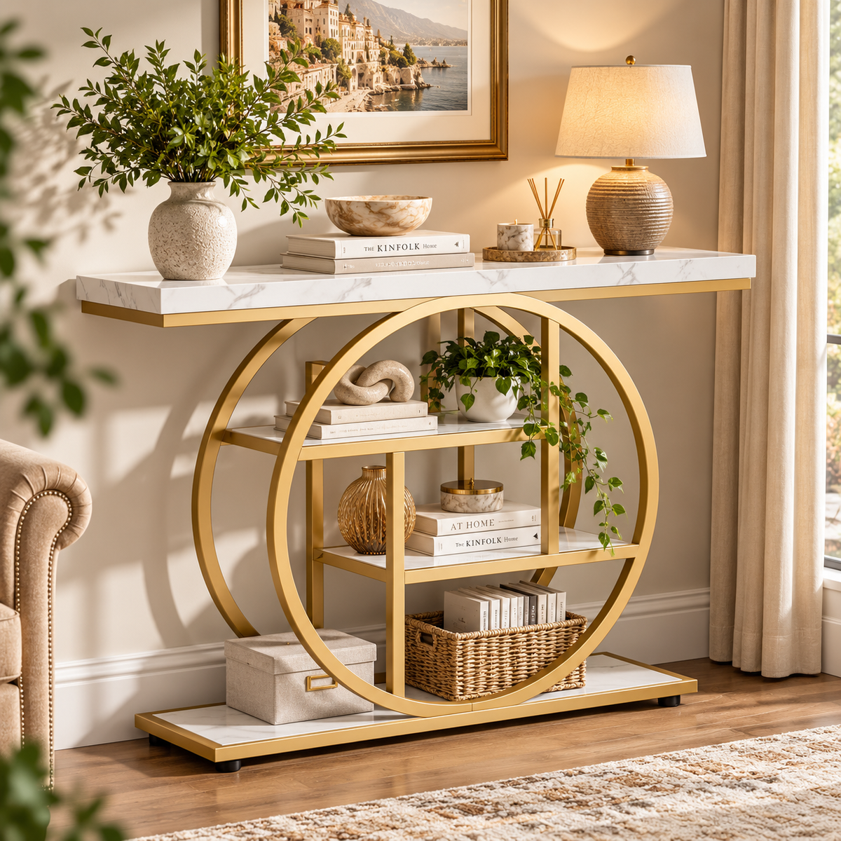 Industrial console table displaying plants and home accessories in a warm neutral interior