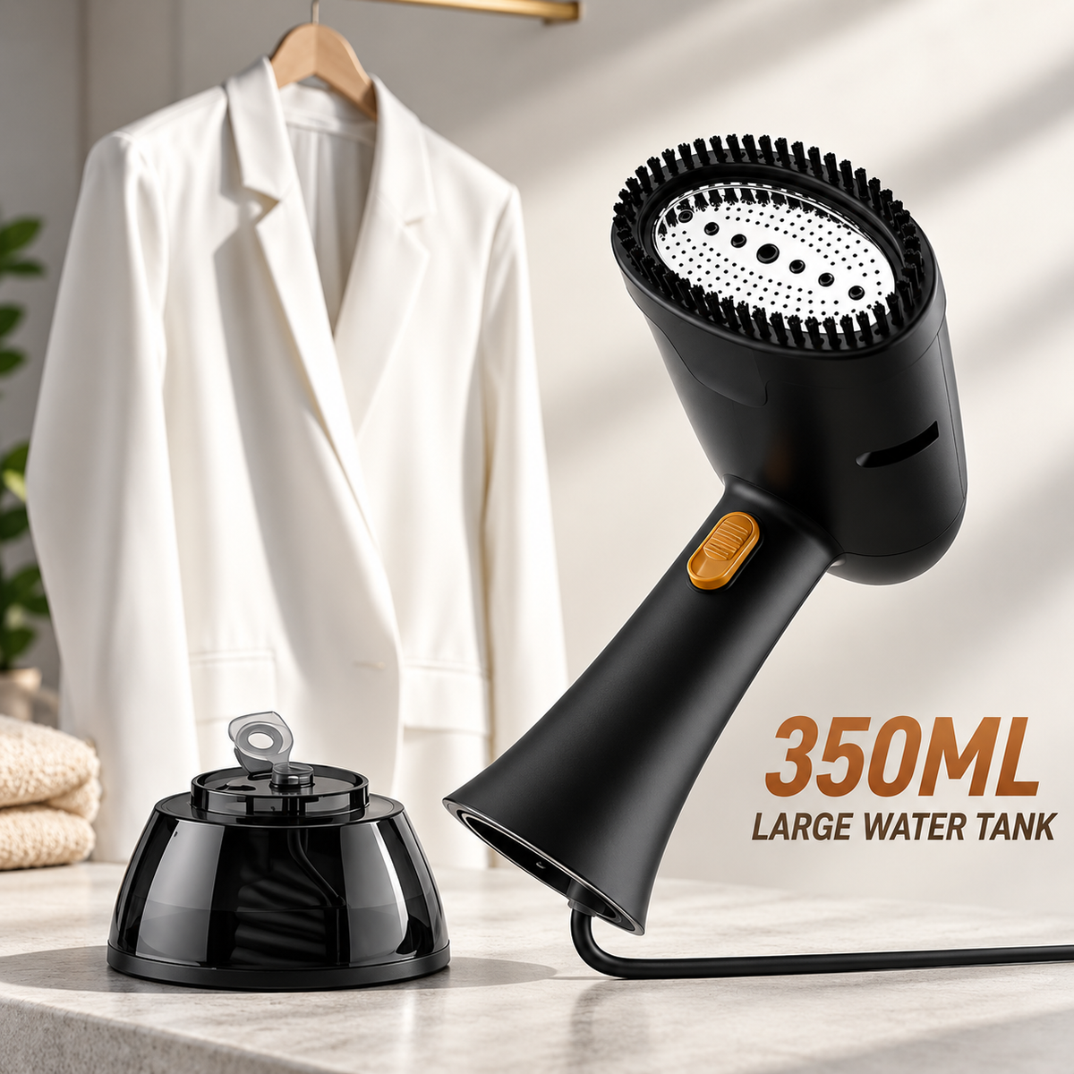 handheld garment steamer with black and gold design and two brush attachments