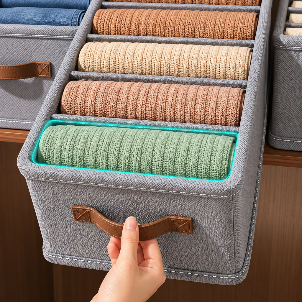 Handbag storage organizer box showing the beige design with and without dividers for flexible storage