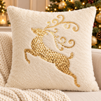 Christmas faux fur pillow cover with a gold embroidered Christmas tree on cream fabric