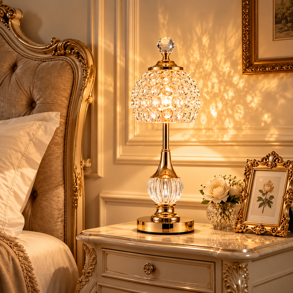 Gold cordless crystal table lamps adding elegant warm lighting to a luxurious bedside table