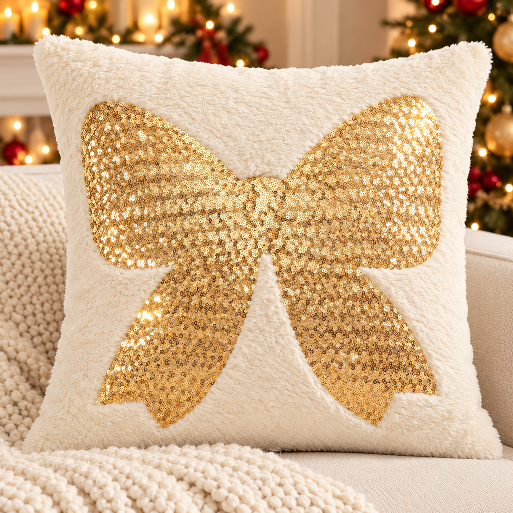 Christmas faux fur pillow cover featuring a decorative gold embroidered bow