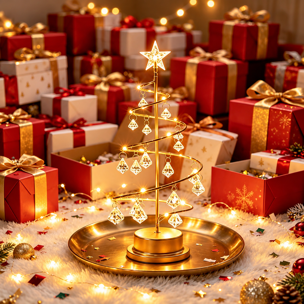Illuminated gold crystal Christmas tree lamp styled as a festive centrepiece among Christmas gifts and decorations