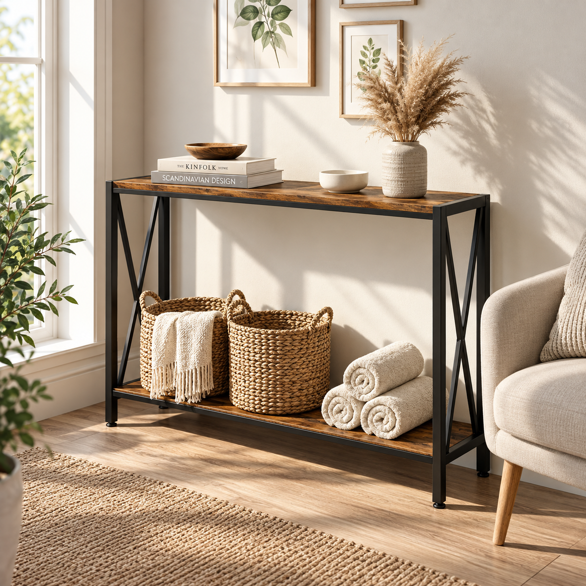 2-Tier Narrow Console Table – Rustic Wood & Black Metal