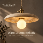 Yellow stone pendant light with warm glowing bulb in an elegant interior