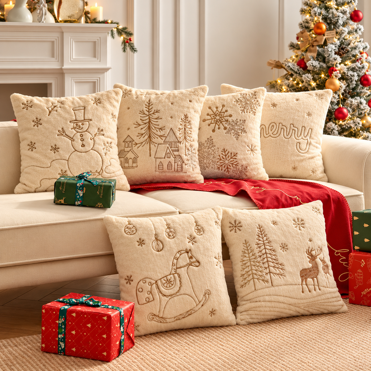Christmas Faux Rabbit Fur Pillow Cover designs styled on a beige sofa with a red festive throw