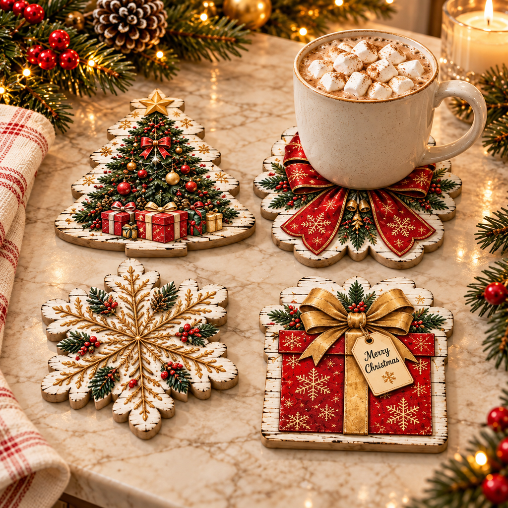 Wooden Christmas coasters displayed beside a mug of hot chocolate and a glowing candle on a cozy holiday table.