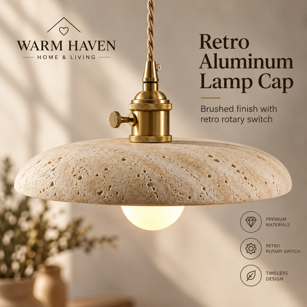 Yellow stone pendant light with brass rotary switch and textured stone shade