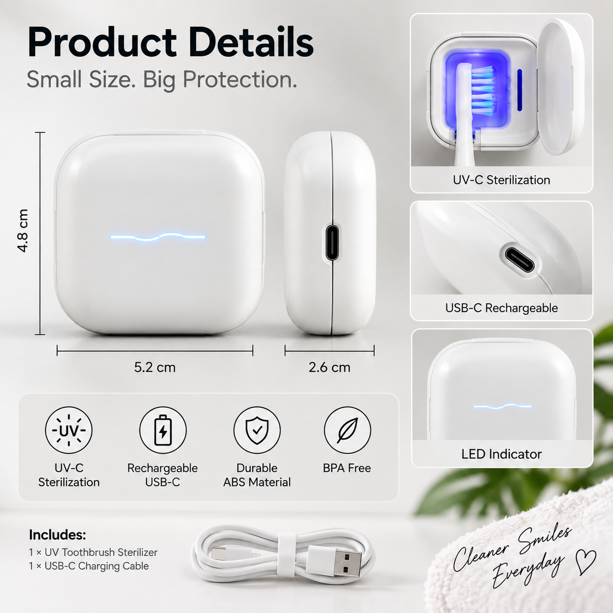White UV toothbrush sterilizer showing product details and dimensions