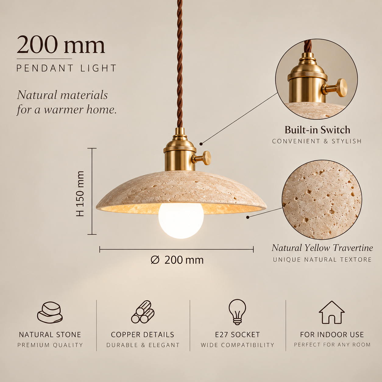 Natural Stone Pendant Light – Modern Scandinavian Ceiling Lamp