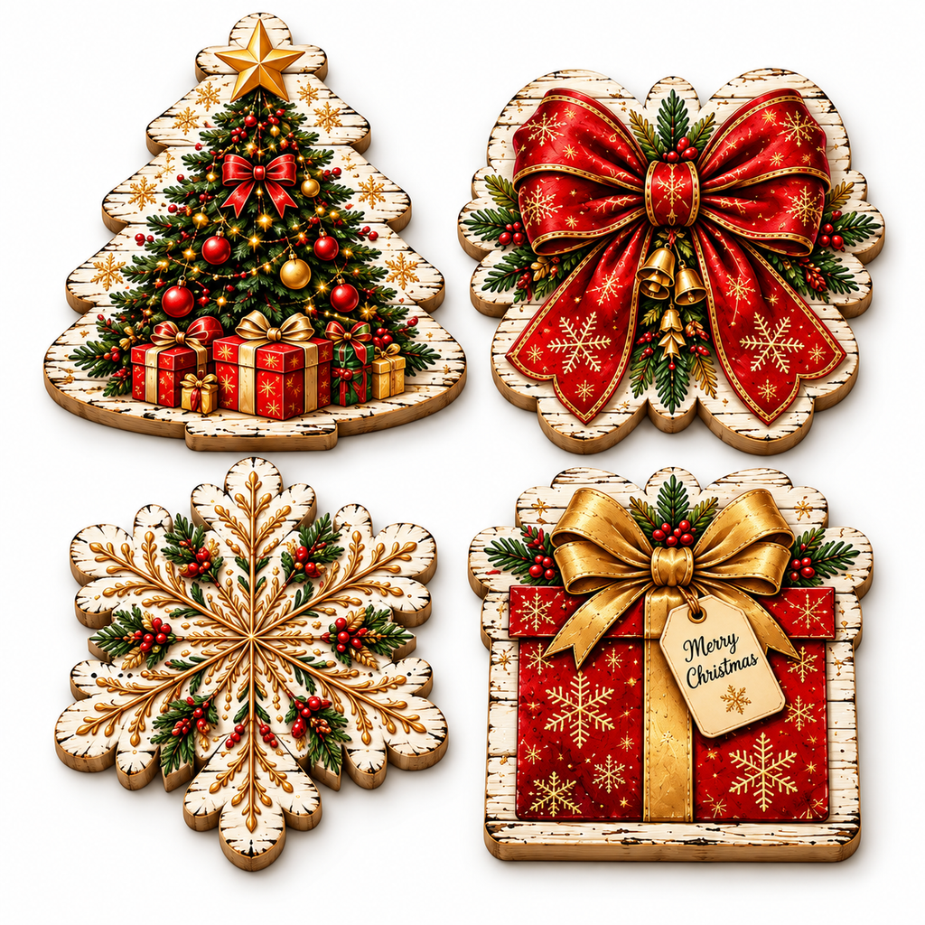Wooden Christmas coasters set of 4 featuring a Christmas tree, red bow, snowflake, and gift designs on a white background.