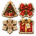 Wooden Christmas coasters set of 4 featuring a Christmas tree, red bow, snowflake, and gift designs on a white background.