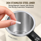 self-stirring coffee mug showing the 304 stainless steel inner liner and magnetic stirring capsule