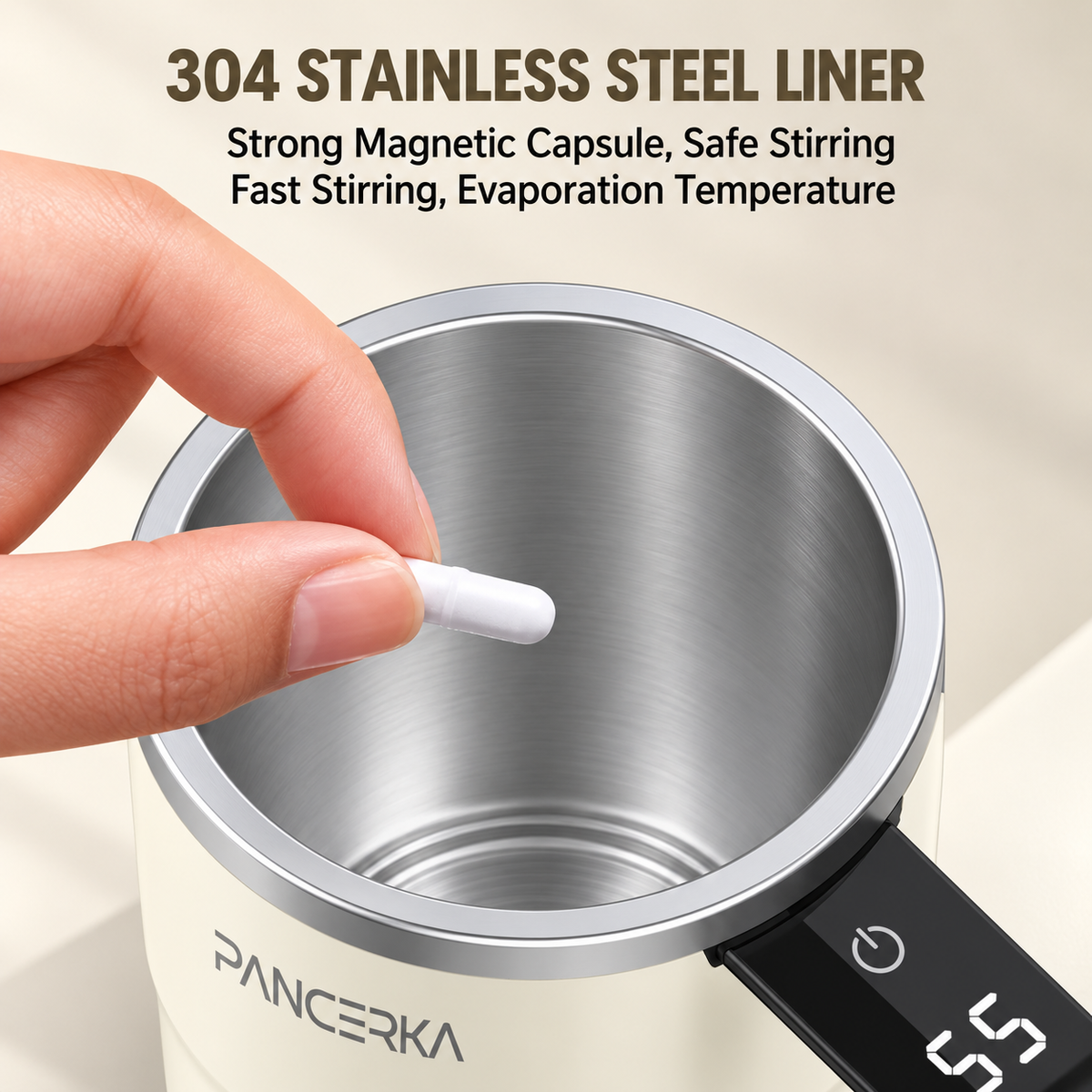 self-stirring coffee mug showing the 304 stainless steel inner liner and magnetic stirring capsule