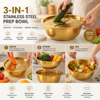 3-in-1 Stainless Steel Kitchen Prep Bowl – Grater, Strainer & Mixing Bowl
