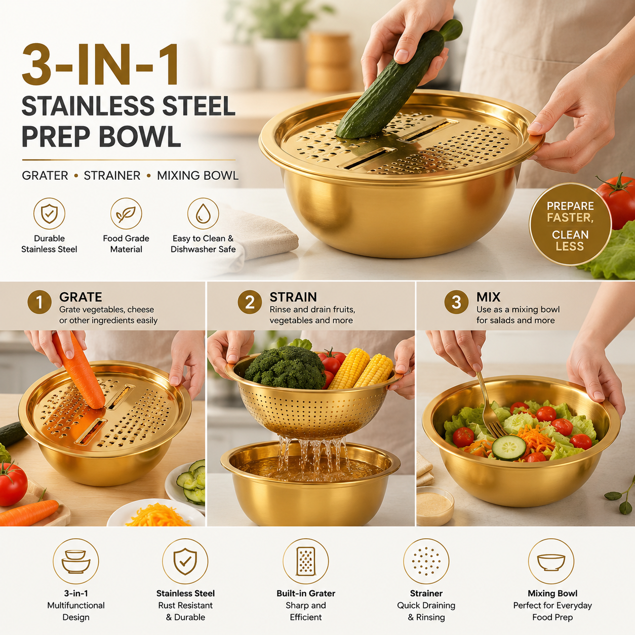 3-in-1 Stainless Steel Kitchen Prep Bowl – Grater, Strainer & Mixing Bowl