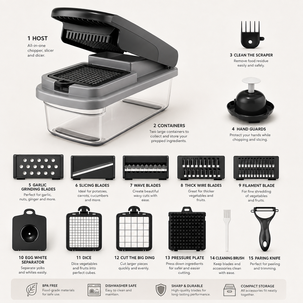 15-in-1 Vegetable Slicer, Dicer & Chopper – Multi-Blade Food Prep Tool