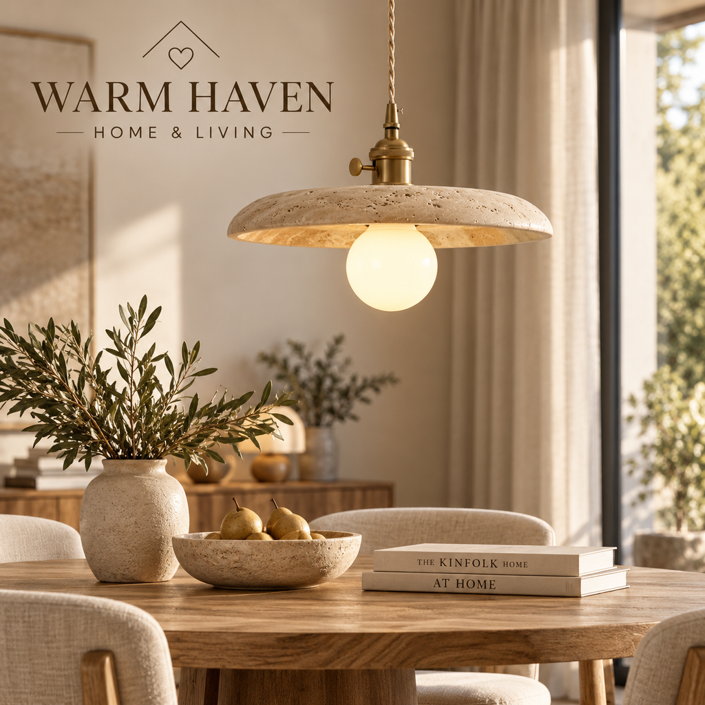 Yellow stone pendant light styled in a warm Scandinavian living room