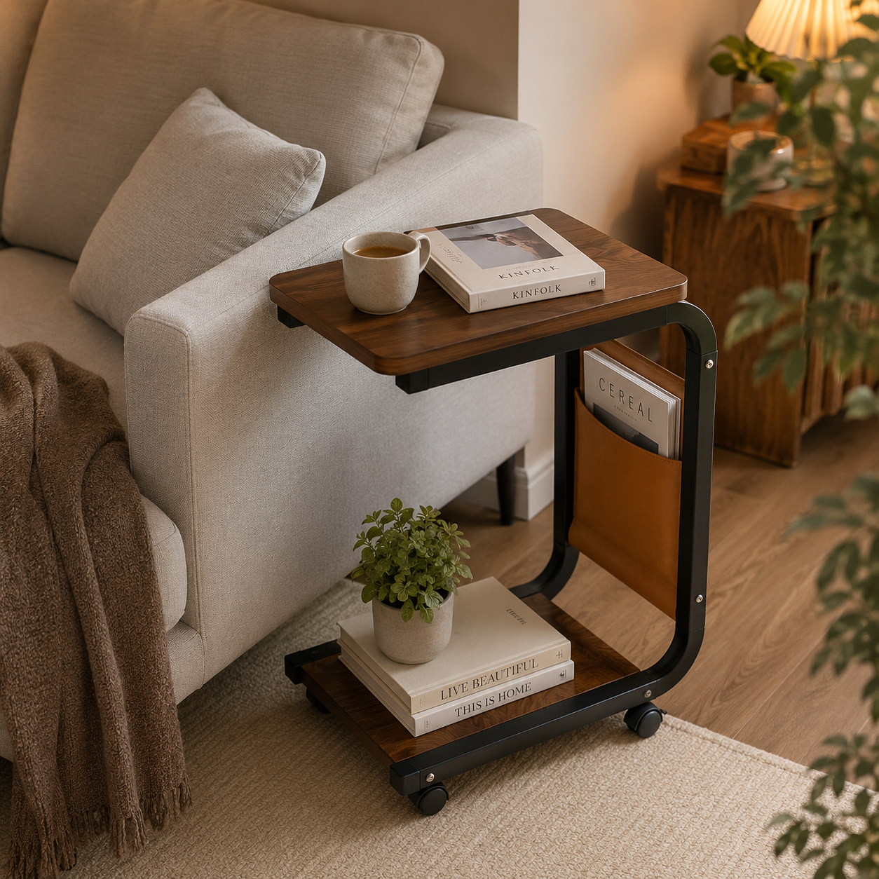C-Shaped Rolling Side Table with Storage – Modern Sofa & Bedside Table