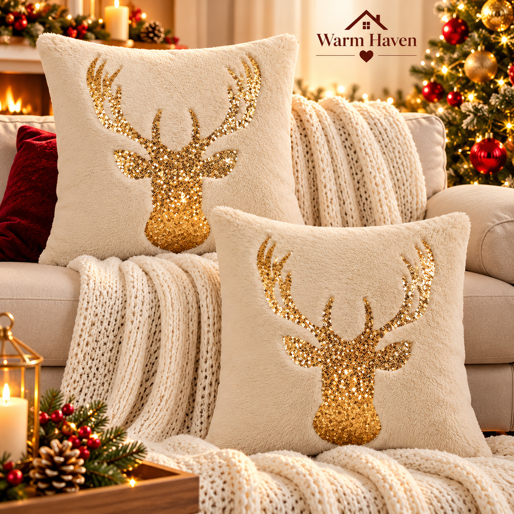 Gold Sequin Christmas Pillow Cover showing its soft cream plush fabric and finished cushion edge