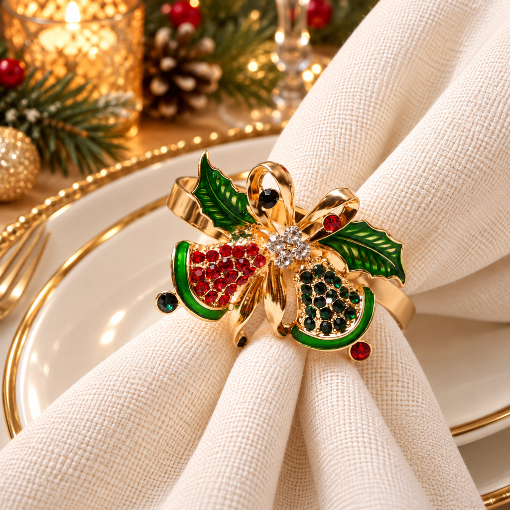 Christmas napkin rings featuring a gold-tone festive decoration with sparkling details on ivory linen.