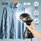 handheld garment steamer with black and gold design and two brush attachments