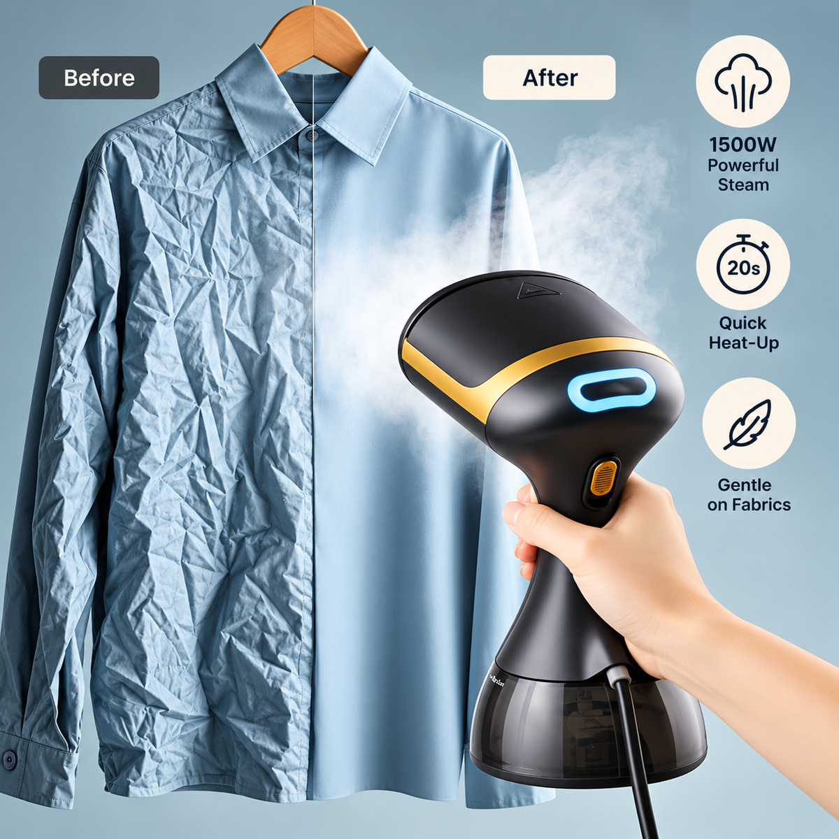 handheld garment steamer with black and gold design and two brush attachments