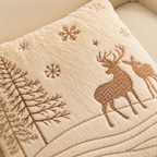 Christmas Faux Rabbit Fur Pillow Cover featuring embroidered reindeer and pine trees