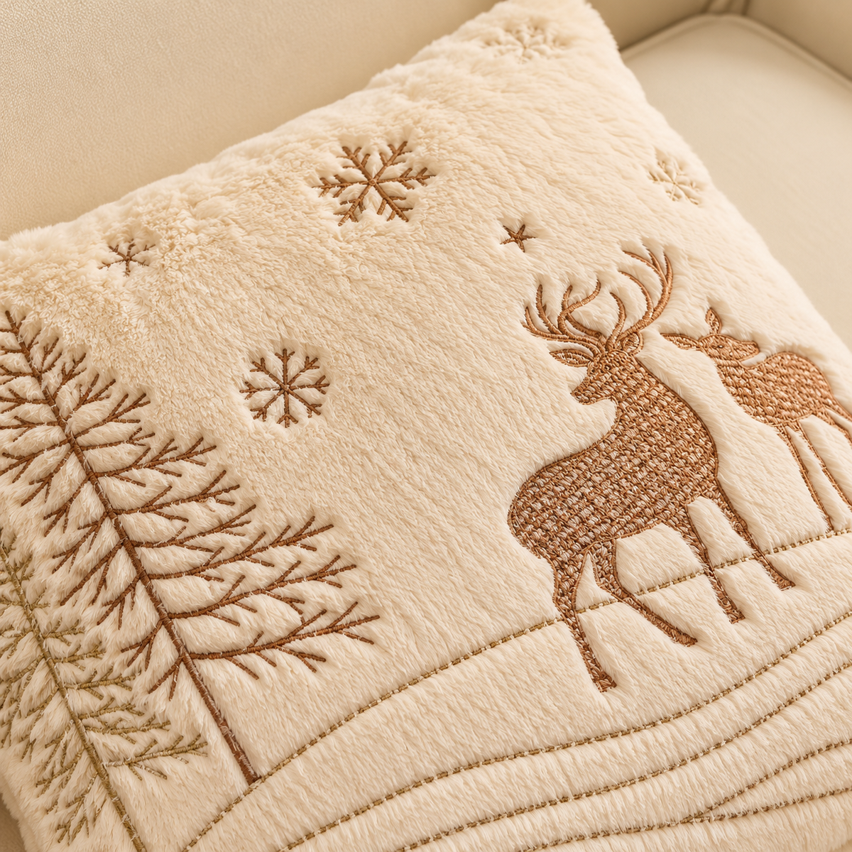 Christmas Faux Rabbit Fur Pillow Cover featuring embroidered reindeer and pine trees