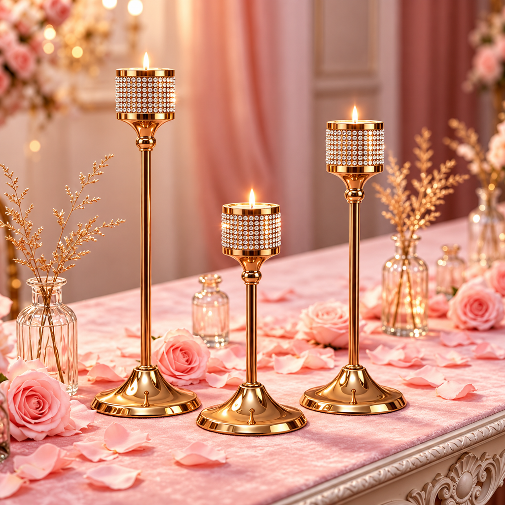 3-piece gold candle holder set arranged on a romantic table with pink roses and candles