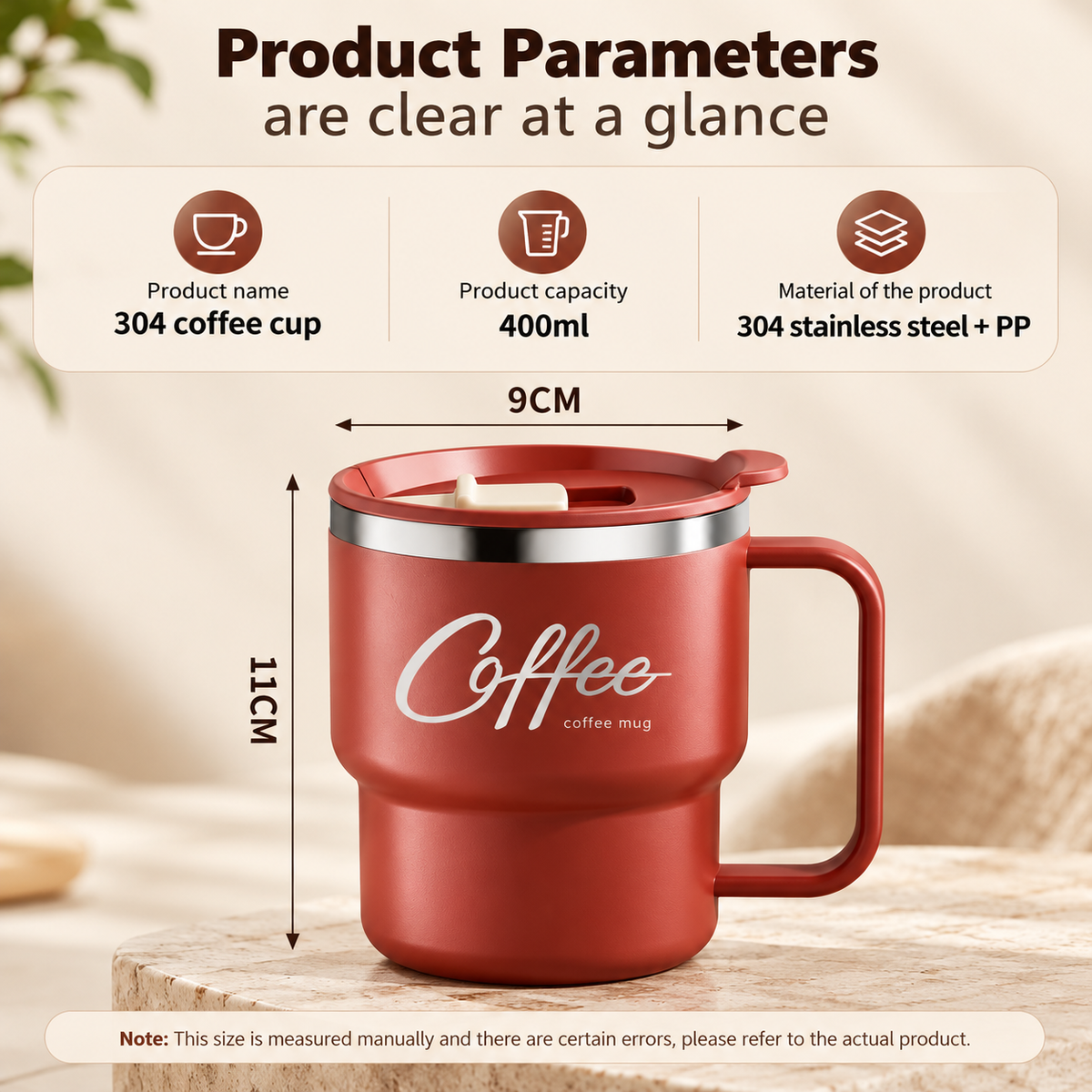 Insulated Coffee Mug with Lid & Handle – Stainless Steel in four stylish colors arranged on decorative pedestals