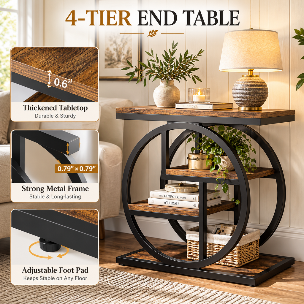 4-tier narrow end table dimensions showing 25.59 inch height and width and 11.81 inch depth