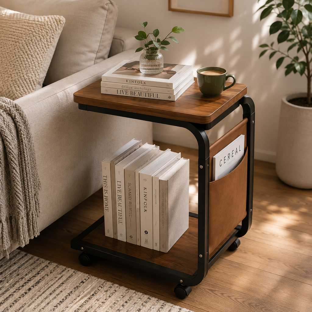 C-Shaped Rolling Side Table with Storage – Modern Sofa & Bedside Table