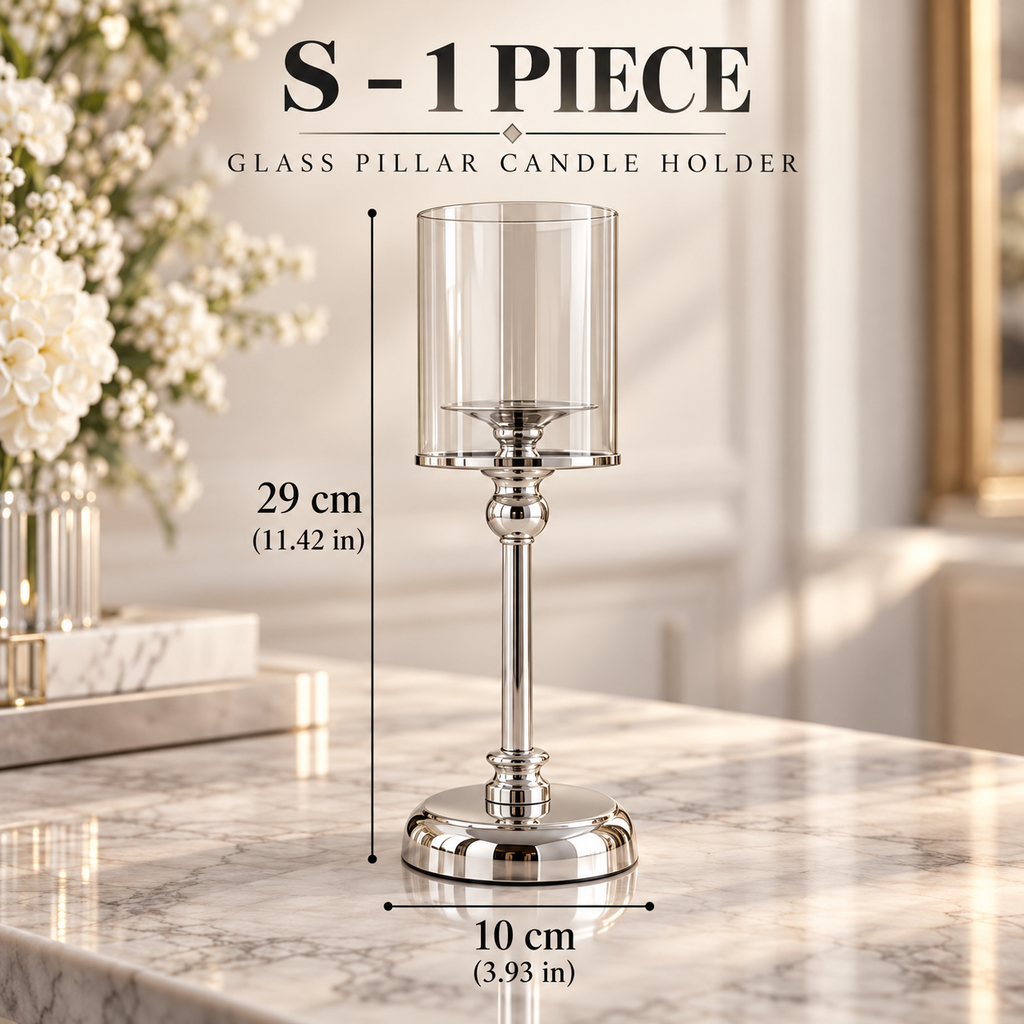 Small silver glass pillar candle holders with clear glass shade and polished silver base