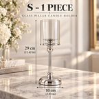 Small silver glass pillar candle holders with clear glass shade and polished silver base