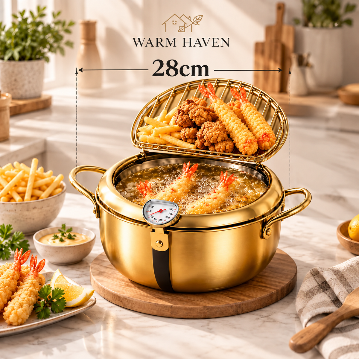 Deep Frying Pot with Thermometer & Draining Rack