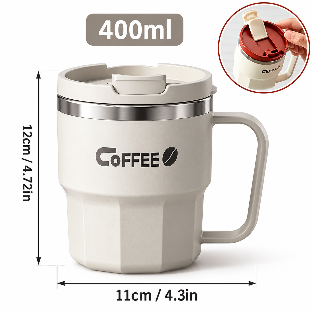 Insulated Coffee Mug with Lid & Handle – Stainless Steel white mug showing its dimensions and 400 ml capacity
