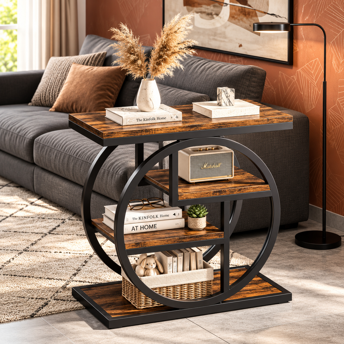 4-tier narrow end table with rustic brown shelves against a green wall