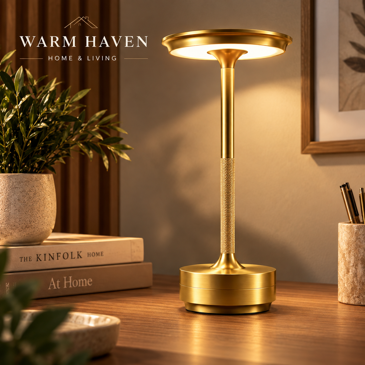 Gold cordless rechargeable table lamp with warm ambient lighting in a cozy modern living room