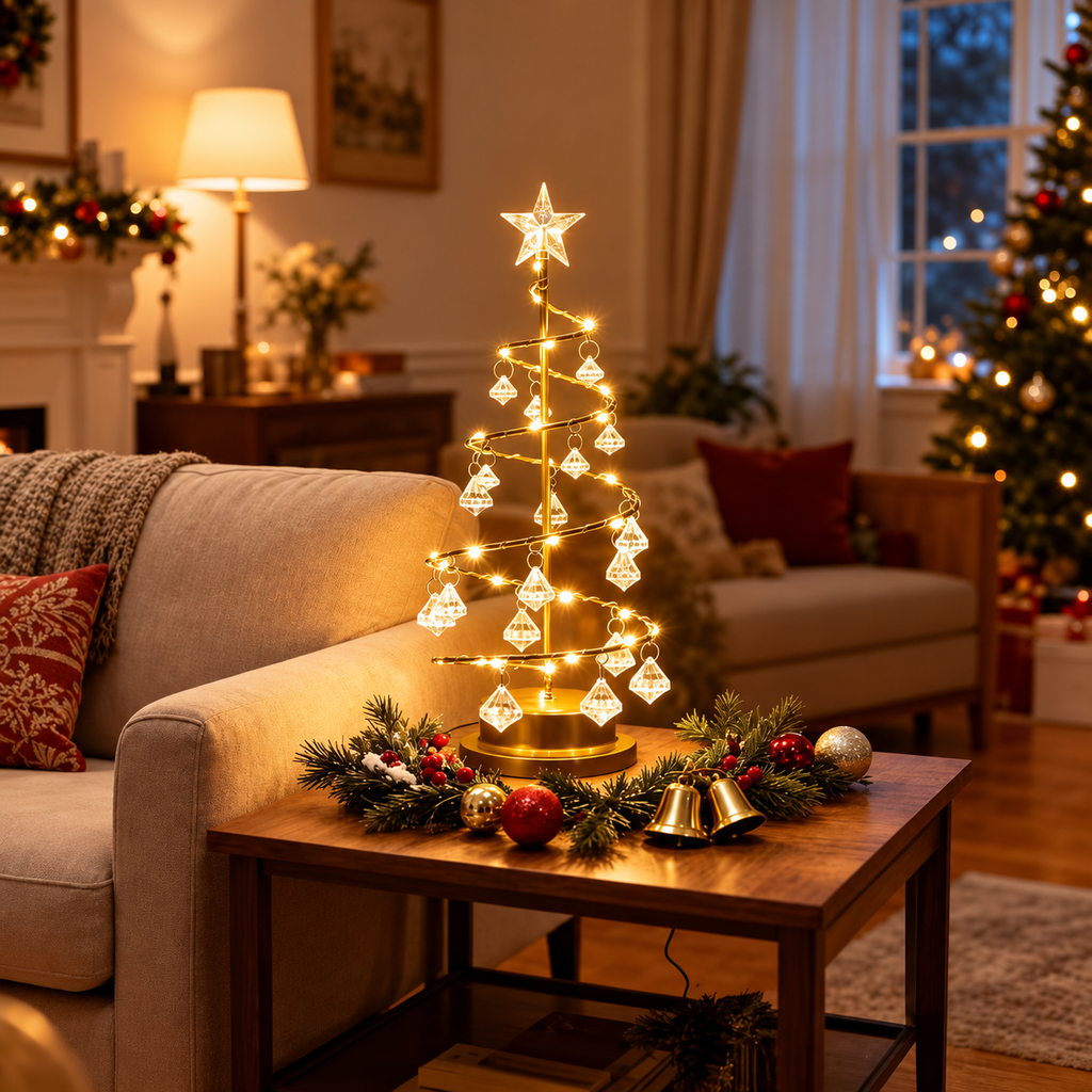 Gold crystal Christmas tree lamp creating a warm festive atmosphere on a living room coffee table