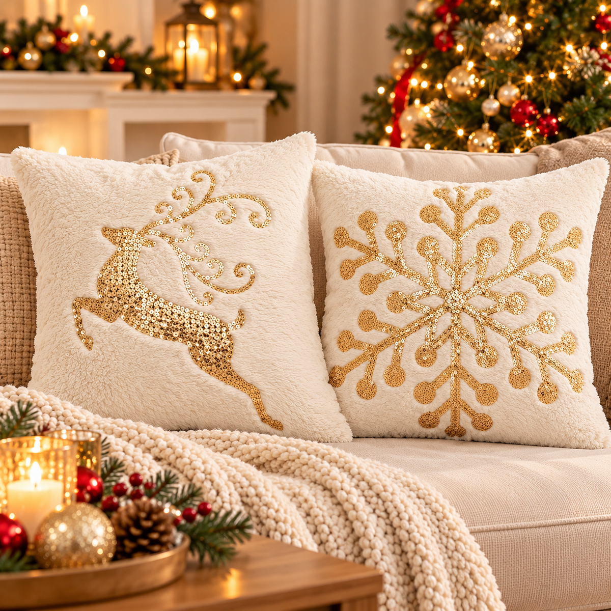 Christmas faux fur pillow cover with gold embroidered festive designs styled on a cosy sofa