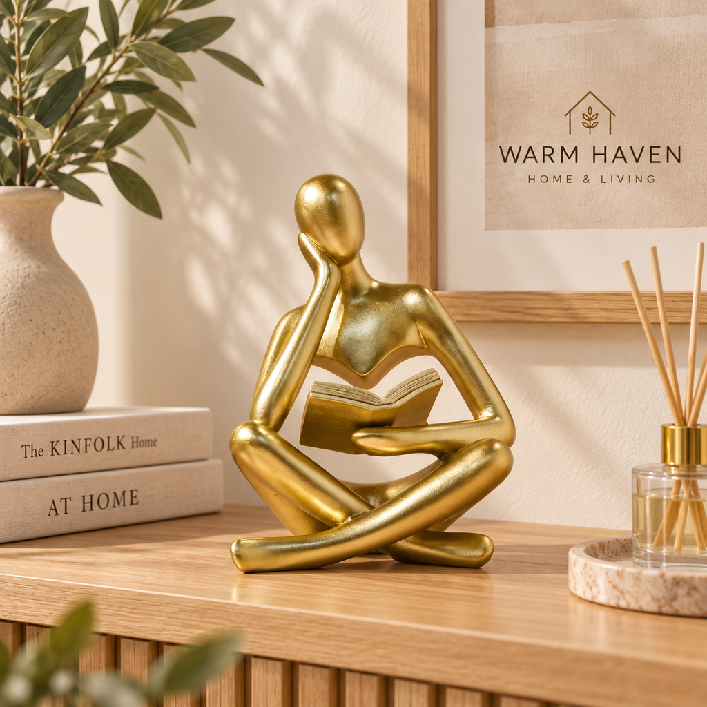 Black abstract thinker sculpture styled on a wooden console with minimalist Scandinavian decor