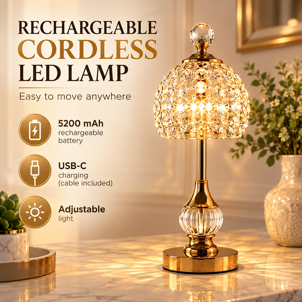 Cordless crystal table lamps creating a warm atmosphere on an elegant bedside table