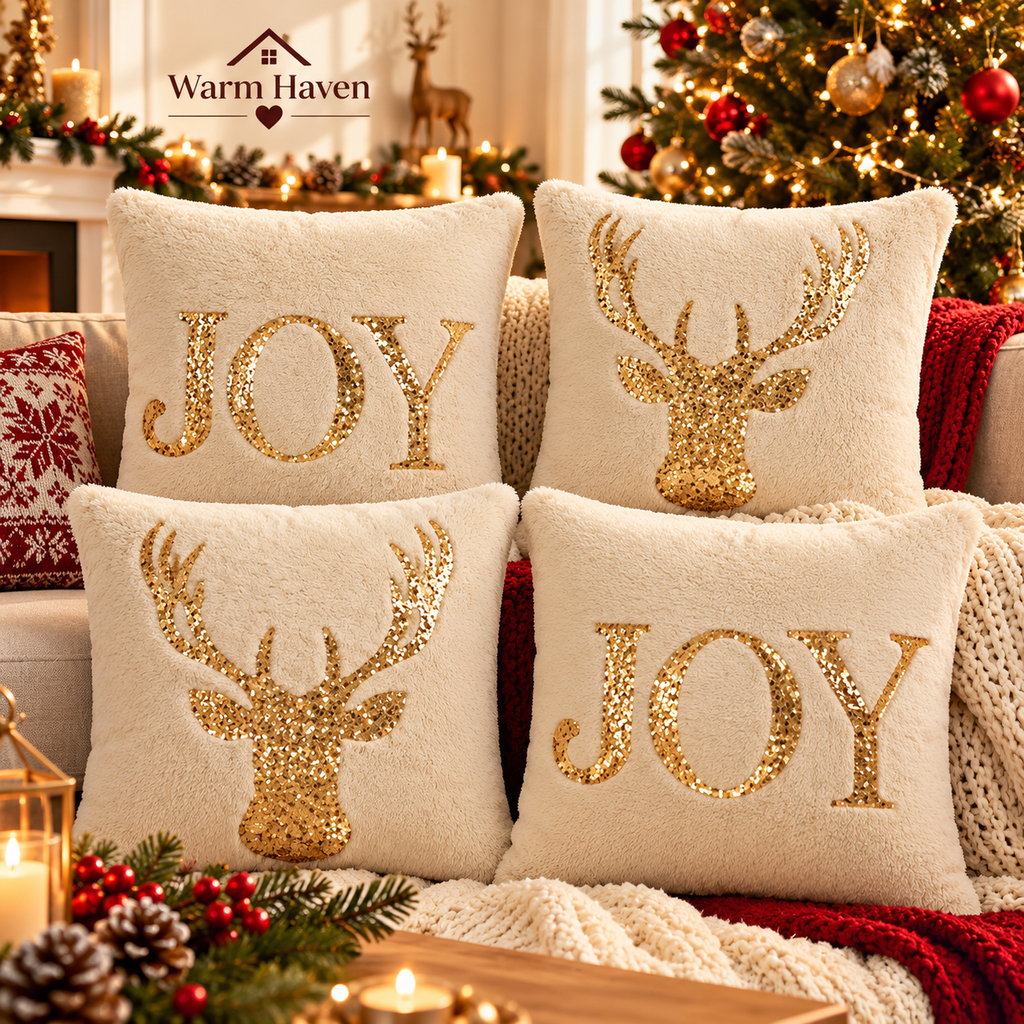 Gold Sequin Christmas Pillow Cover set featuring cream JOY pillows and gold sequin reindeer designs styled in a cozy festive living room.