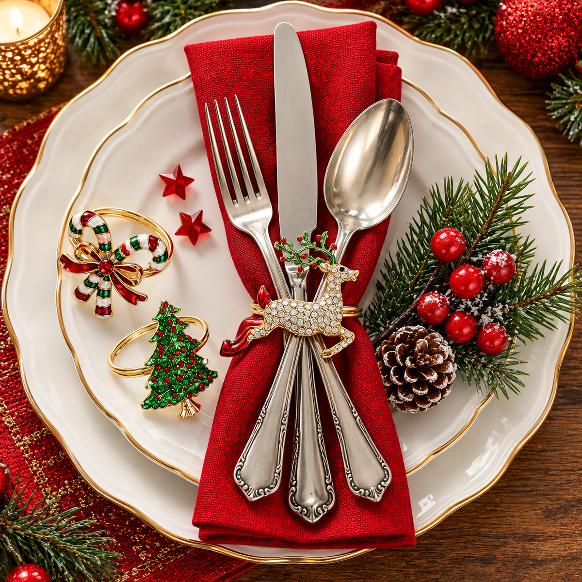 Christmas napkin rings styled with red napkins, white plates, and seasonal greenery for Christmas dinner