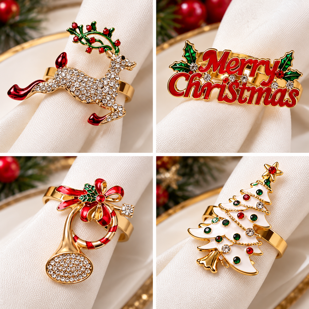 Christmas napkin rings assortment featuring several festive designs for elegant holiday table settings.
