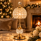Cordless crystal table lamps creating a festive glow beside a Christmas tree