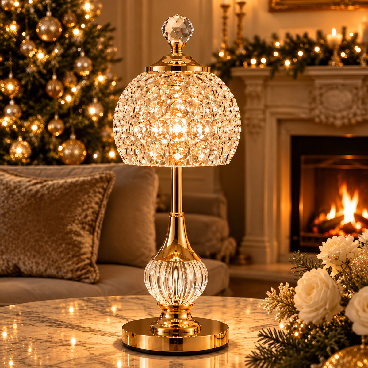 Cordless crystal table lamps creating a festive glow beside a Christmas tree