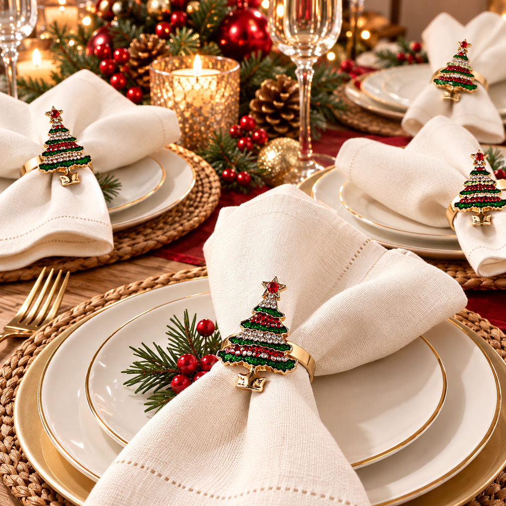 Christmas napkin rings displayed on an elegant festive dining table with white napkins, gold-rimmed plates, and Christmas decorations.