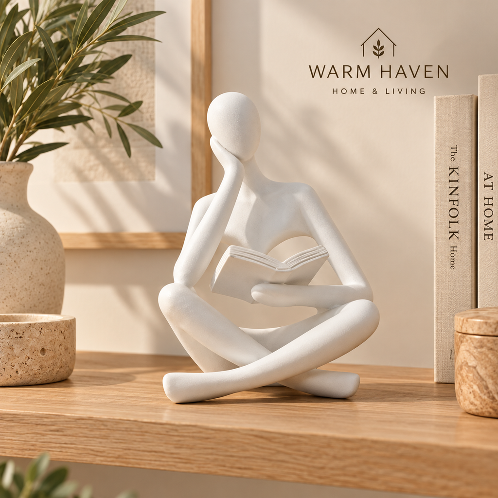 White abstract thinker sculpture styled with a neutral vase and Scandinavian home decor